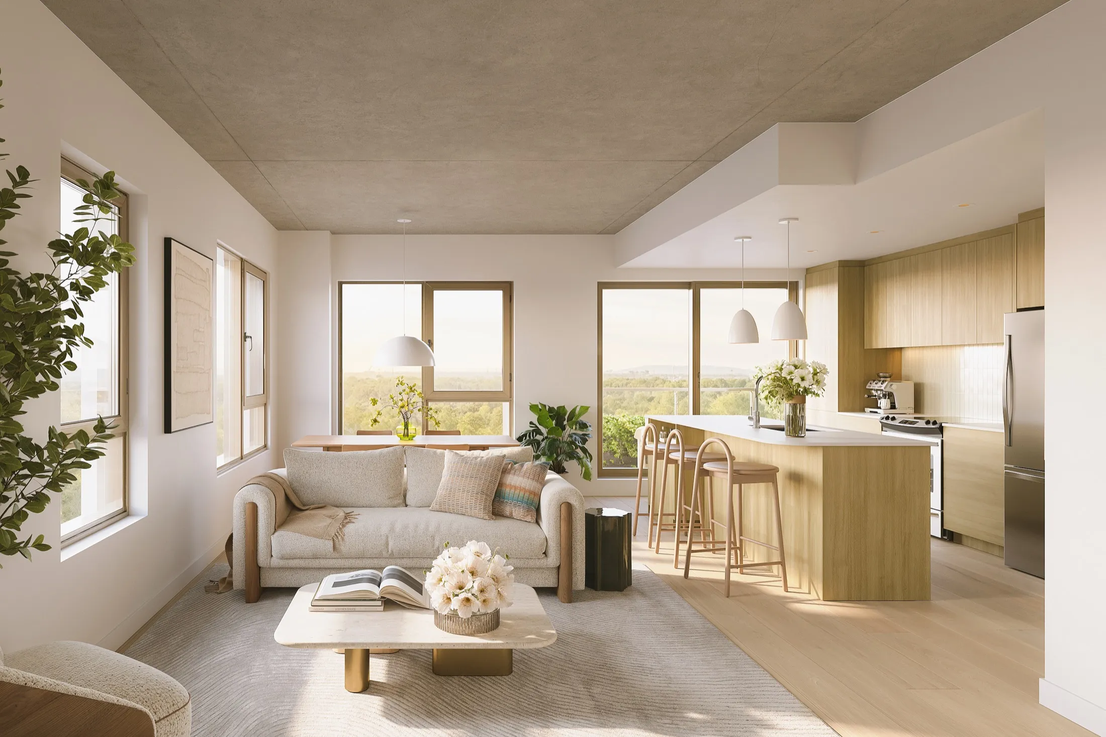 Cuisine et salon lumineux d’un condominium Riviera